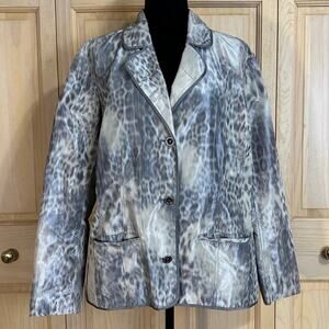 Chico's Animal Intuition Beckey Gray Cream Lightweight Blazer Jacket Sz 3 XL